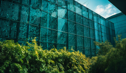Fototapeta na wymiar a building with green fencing and plants on it