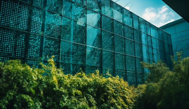 a building with green fencing and plants on it