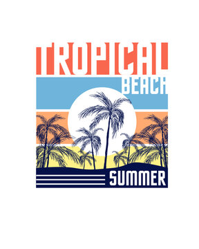 Tropical Beach Summer typography Palm tree sunset background vector design