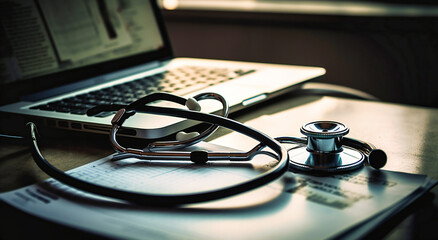 a stethoscope sits on top of paper and a laptop