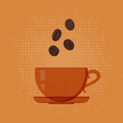 Cup of coffee with coffee beans on orange background. Card, paper, wallpaper, decoration.