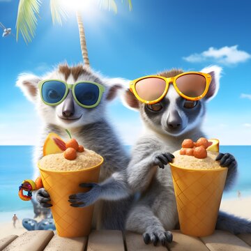 Young cute lemurs wearing sunglasses at the beach, summer, pet animal, coconut juice, AI technology, happy friends, fun couple