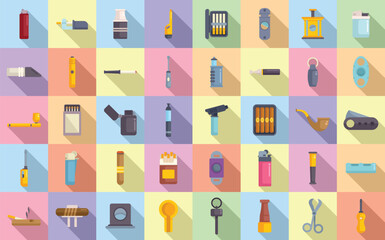 Cigarette and cigar accessories icons set flat vector. Box cutter. Pack burn