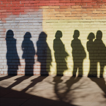 Shadow of a group of people standing in front of a brick wall Generative Ai
