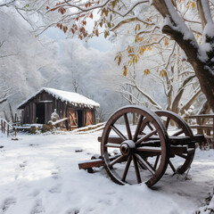 Fototapeta premium A snow covered field with a wagon wheel and a cabin in the background Generative Ai