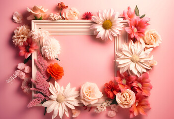 flowers with a white frame over pink background