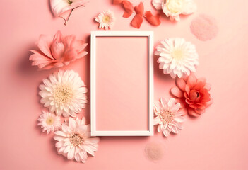 Obraz na płótnie Canvas flowers with a white frame over pink background