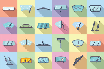 Windshield wiper icons set flat vector. Car blade. Automobile fluid