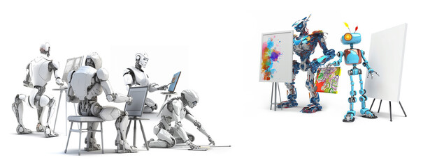 Artist robot teaching, training other robots drawing image, art, on white background, Generative AI