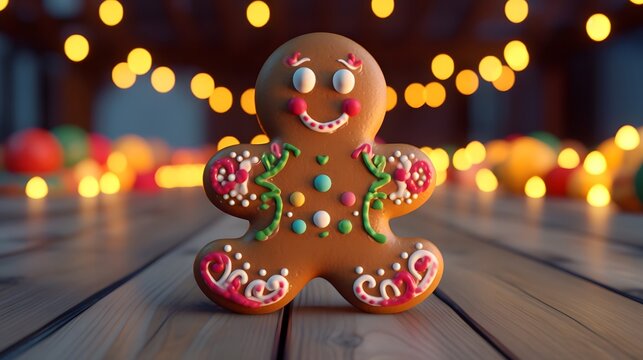 Christmas gingerbread man on wooden table with bokeh lights background