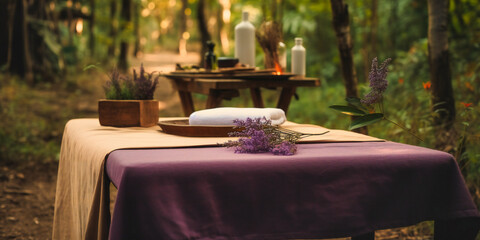 spa massage table with lavender oil and towels with flower