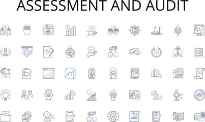 Assessment and audit line icons collection. Exploration, Rockets, Adventure, Aliens, Orbit, Planets, Zero gravity vector and linear illustration. Astronomy,Mission,Terraforming outline signs set