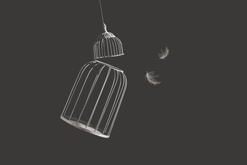Illustration of open bird cage, surreal freedom concept © fran_kie