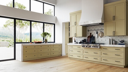 The project of a classic kitchen with a panoramic window.