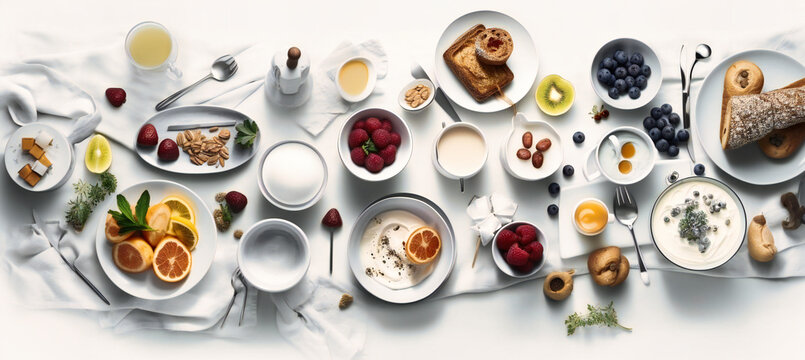 breakfast bowls and other food products on a white background
