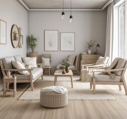 interior living room, wall mockup in a white room with wooden furniture and lots of green plants, 3d render, 3d illustration. Generative Ai.