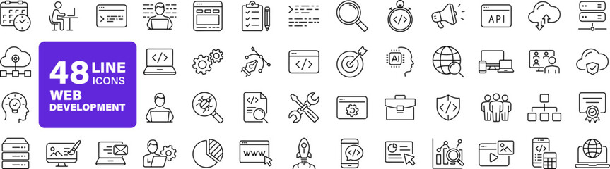 Web development set of web icons in line style. Developer icons for web and mobile app. Code, api, programmer coding, app, flow, node connect, web coder, bug fix and more. Vector illustration