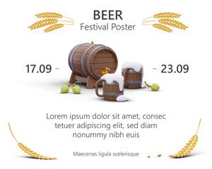 Template for beer festival poster. Bright three dimensional elements. Color announcement with editable text, dates, 3D brewing symbols. Party with natural alcoholic drink, traditional craft