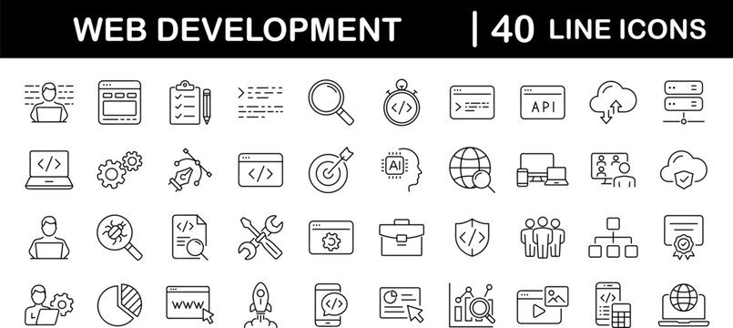 Web development set of web icons in line style. Developer icons for web and mobile app. Code, api, programmer coding, app, flow, node connect, web coder, bug fix and more. Vector illustration