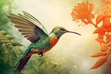 Colorful bird flying over lush green and yellow flower covered forest filled with lots of leaves. Generative AI.
