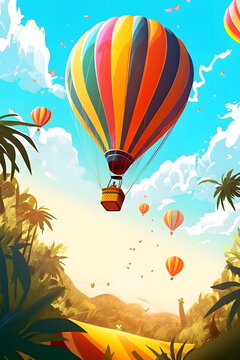 Image of hot air balloon flying in the sky with palm trees. Generative AI.