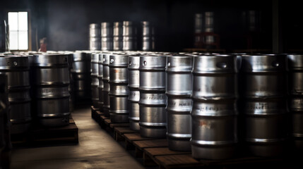 Naklejka na ściany i meble Bunch of metal barrels sitting on wooden pallet in warehouse. Generative AI.