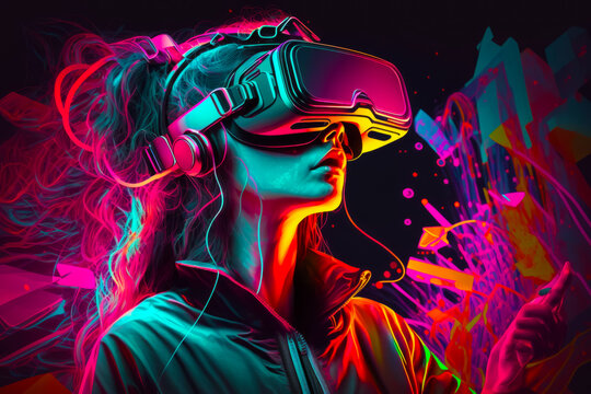 Woman wearing virtual reality headset in front of colorful background. Generative AI.
