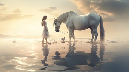 A girl and a white horse standing on water. Generative AI