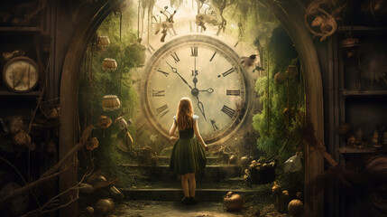 Alice in Wonderland standing in front of a big clock - obrazy, fototapety, plakaty