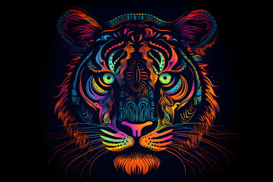 Colorful tiger's face on black background with blue background. Generative AI.