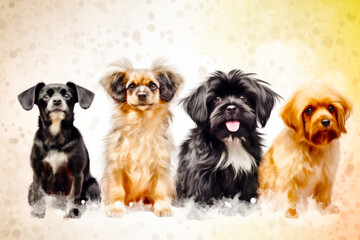Group of three dogs sitting next to each other on white background. Generative AI.