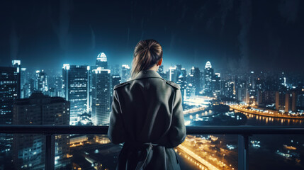 Fototapeta na wymiar Woman standing in front of window looking at city at night. Generative AI.