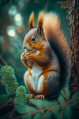 Close up of squirrel on tree with pine cone in its mouth. Generative AI.