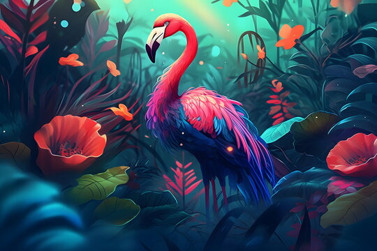 Flamingo standing in the middle of lush green forest filled with flowers. Generative AI. © Yuliia