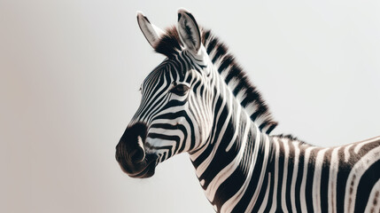 Obraz na płótnie Canvas Close up of zebra's head with white background behind it. Generative AI.