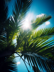 Fototapeta na wymiar The sun shines through the leaves of palm tree on sunny day. Generative AI.