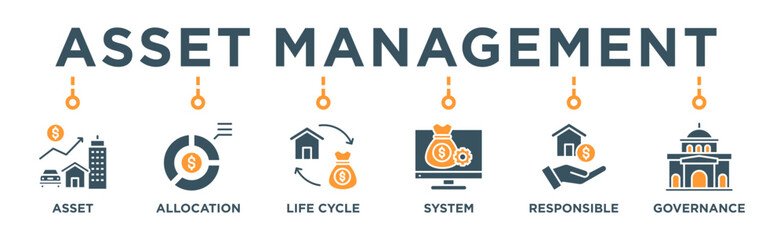 Asset management banner web icon vector illustration concept with icon of asset, asset allocation, life cycle, system, responsible and governance
