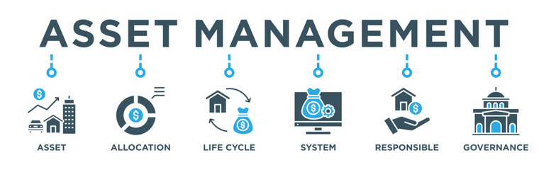 Asset management banner web icon vector illustration concept with icon of asset, asset allocation, life cycle, system, responsible and governance
