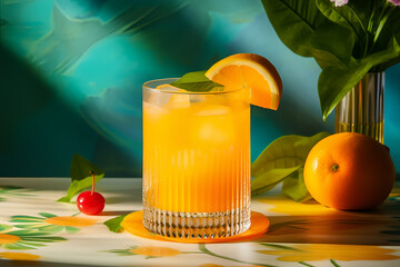Glass of fresh squeezed orange juice. Made with ripe, juicy oranges on tropical bar