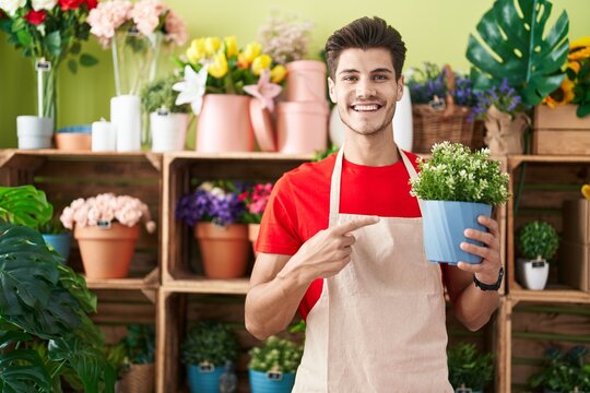 Young hispanic man working at florist shop holding plant smiling happy pointing with hand and finger