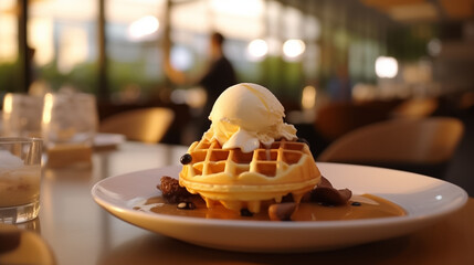 Close up of waffle with ice creams and mixed berries, copy space , concept for breakfast or dessert, blur background kitchen morning light. Generative AI