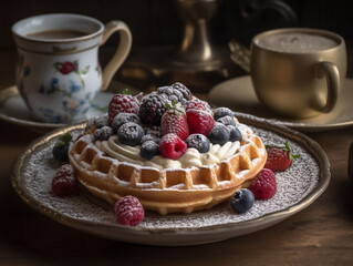 Close up of waffle with ice creams and mixed berries, copy space , concept for breakfast or dessert, blur background kitchen morning light. Generative AI