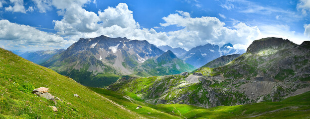 Green meadows in summer Alps - 599936427