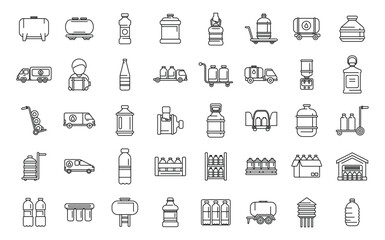 Water delivery icons set outline vector. Cooler gallon. Dispenser bottle