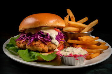 Enjoy a juicy chicken burger topped with lettuce, tomato, and mayo, paired with golden fries for the perfect meal