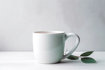 A white coffee mug with a leaf next to it. Genarative ai