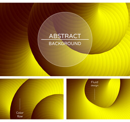 Abstract geometric yellow vector background with 3d twisted liquid shape. Set of colorful design templates with fluid shapes.