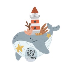 cartoon whale, lighthouse, decor elements. Colorful illustration for kids. flat style. design for baby shower cards, prints	
