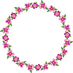 Fototapeta na wymiar Vector hand drawn wreath. Round floral frame of pink flowers and green leaves. 