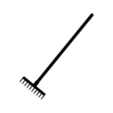 Garden rake for cleaning. Gardening and farming tool with long handle with steel rake for loosening vector garbage